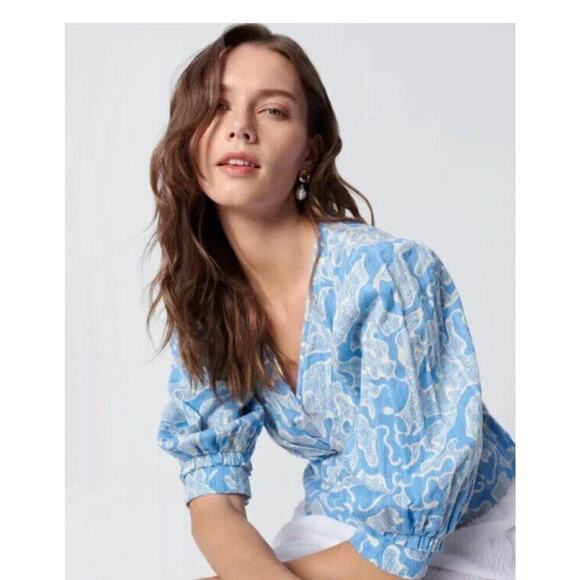 DIANE VON FURSTENBERG Oxford Top In Gorgonian Sky Blue-Size 14-100% Cotton NWT - Picture 4 of 8